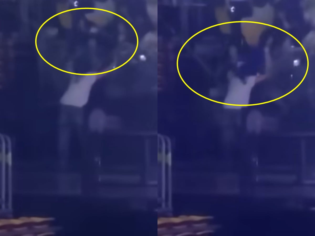 안전 펜스가 무너지고 있는 장면(왼쪽)과 펜스가 무너지면서 일부 팬들이 추락하고 있는 모습. / 사진=온라인커뮤니티 캡처