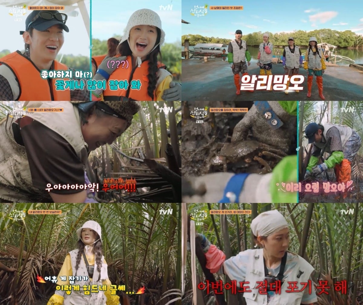 '언니네 산지직송 in 칼라페'가 노동 지옥에 빠진 염정아, 박준면, 덱스, 김혜윤의 처절한 생존기로 첫 방송부터 웃음과 케미를 잡았다.사진=tvN 방송 화면 캡처