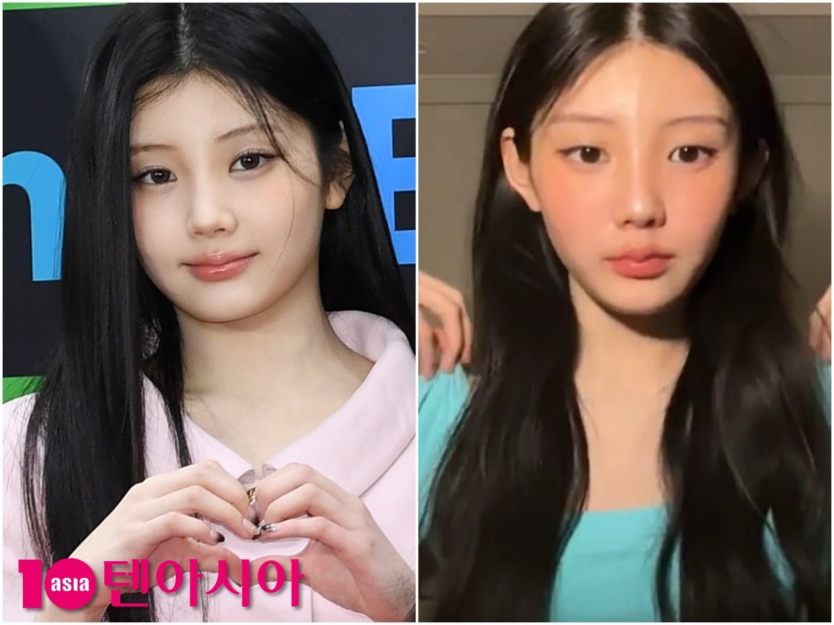 그룹 아일릿(ILLIT) 원희가 날렵해진 얼굴로 눈길을 끌었다./사진=텐아시아DB, SNS 갈무리