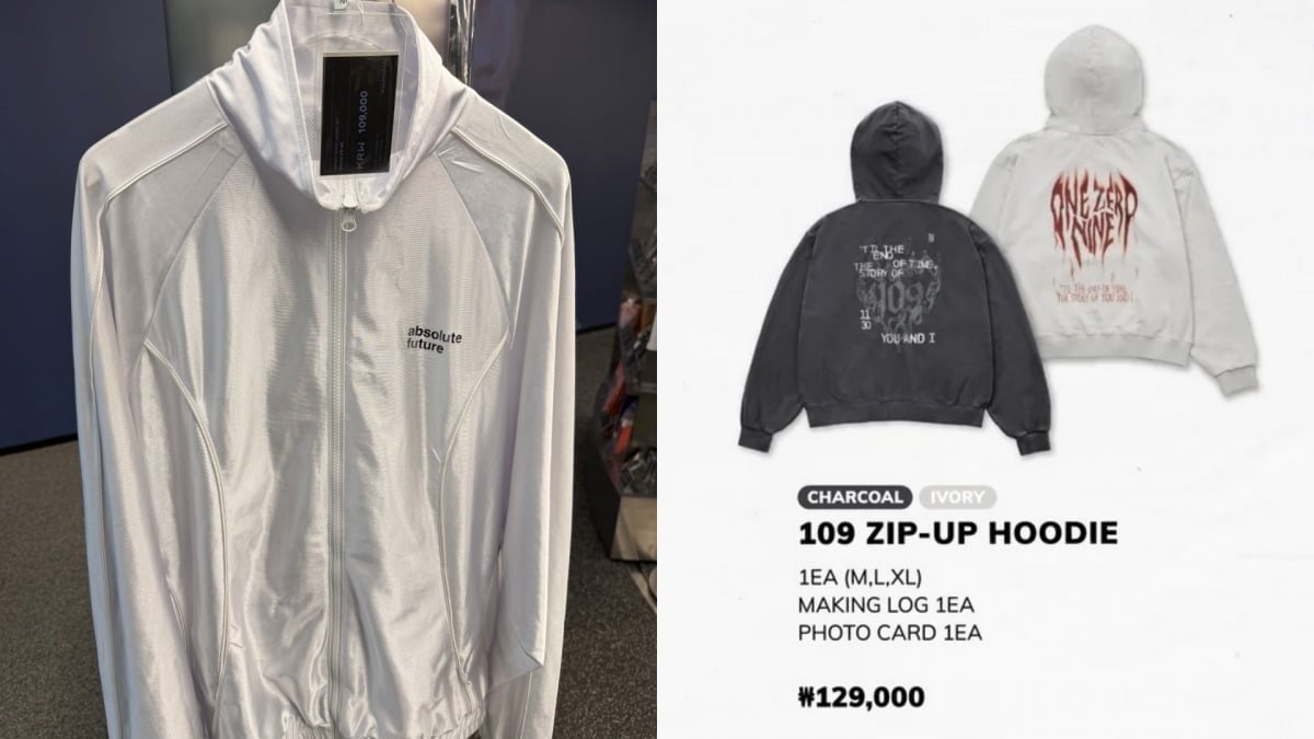 (왼) SM엔터테인먼트 플래그십 스토어 '광야@서울'에서 판매 중인 아티스트 자켓 사진=한나 곤잘레스 기자 (오) 엔하이픈의 '아티스트-메이드 컬렉션 바이 엔하이픈 팝업'(Artist-Made Collection by ENHYPEN POP-UP)에서 판매했던 후드티 사진=위버스 캡쳐