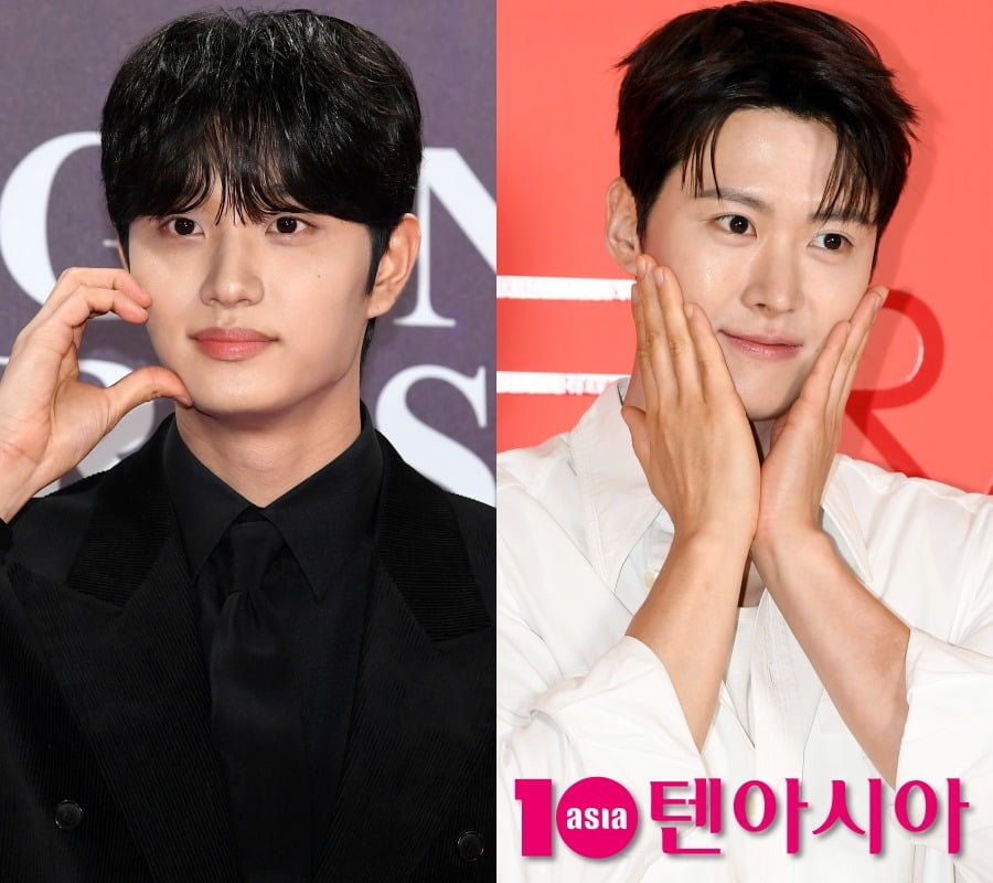 배우 김재원과 공명이 취재진 앞에서 포즈를 취하고 있다. / 사진=텐아시아DB