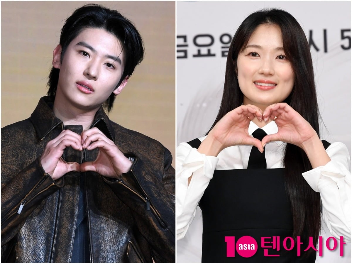 덱스와 김혜윤이 각 공식 행사에 참석해 하트 포즈를 취하고 있다./사진=텐아시아DB