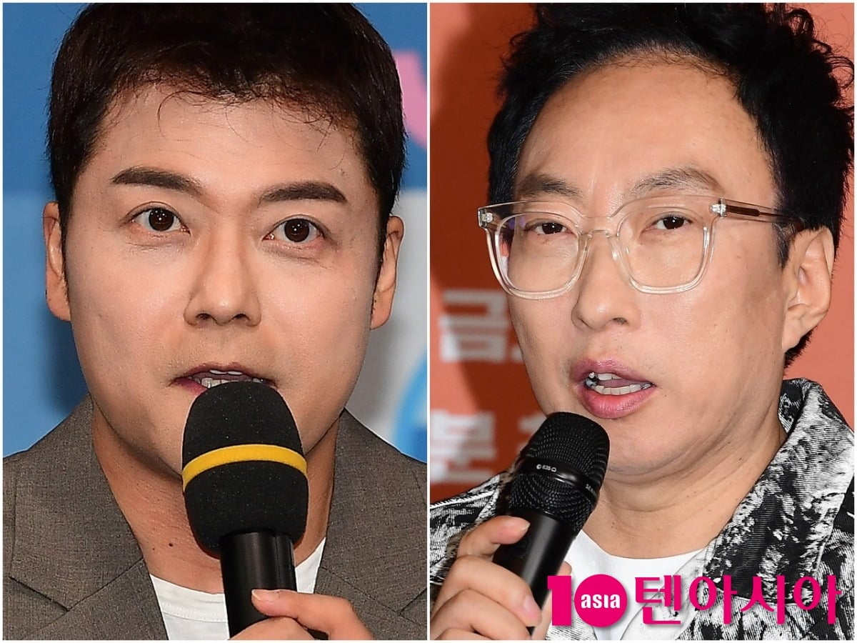전현무와 박명수가 강 공식행사에 참석해 마이크를 잡고 말을 하고 있다./사진=텐아시아DB