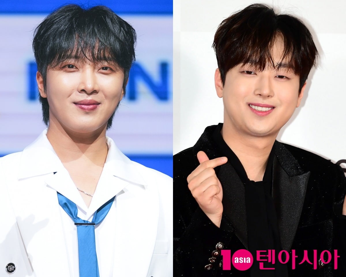 가수 황윤성과 이찬원이 취재진 앞에서 포즈를 취하고 있다. / 사진=텐아시아DB