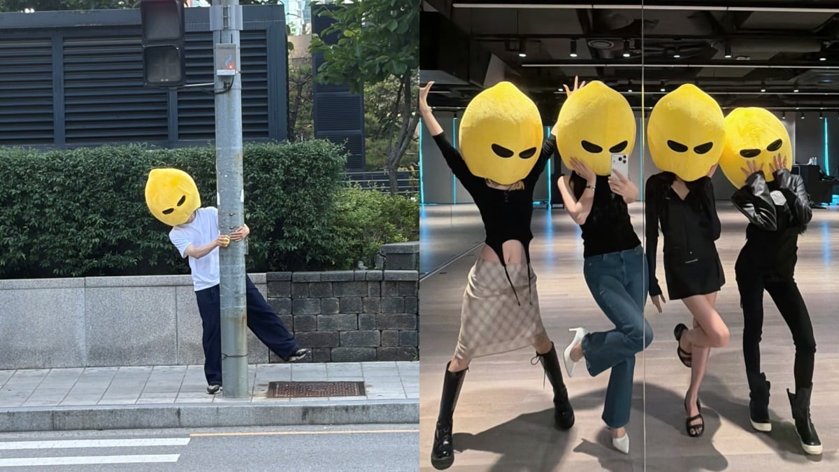 (왼쪽) 레몬 모양 헤드피스를 착용한 인물, (오른쪽) 레몬 모양 헤드피스를 착용한 에스파 멤버들. / 사진=에스파 X 캡쳐