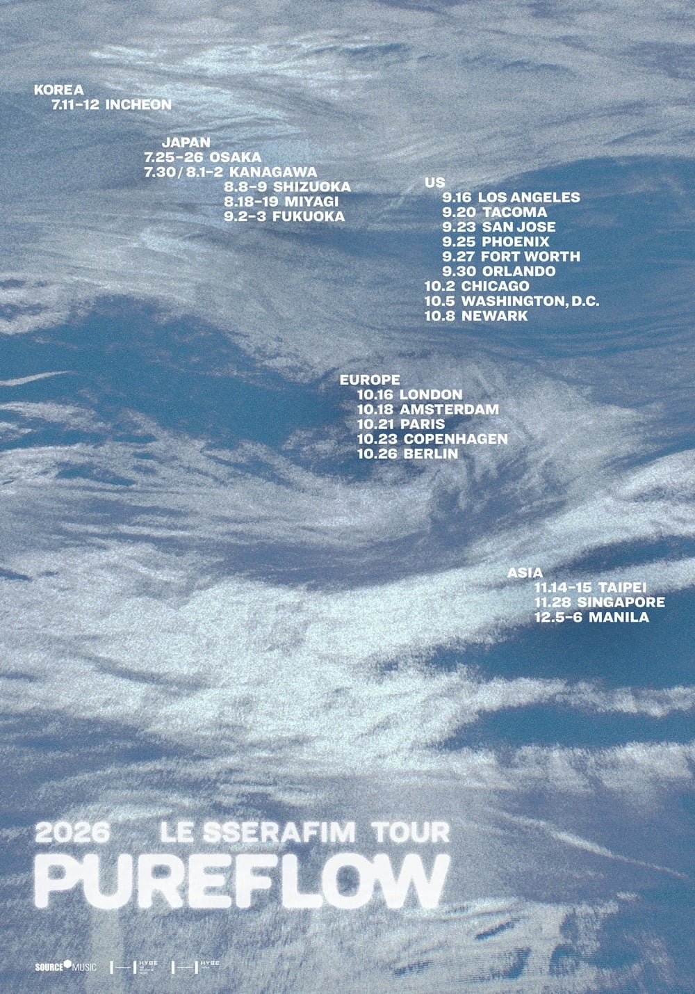 그룹 르세라핌의 '2026 LE SSERAFIM TOUR 'PUREFLOW'' 메인 포스터. / 사진제공=쏘스뮤직