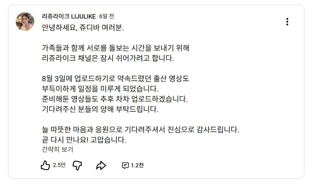 유혜주가 활동 중단을 선언했다. / 사진=유혜주 유튜브 '리쥬라이크'