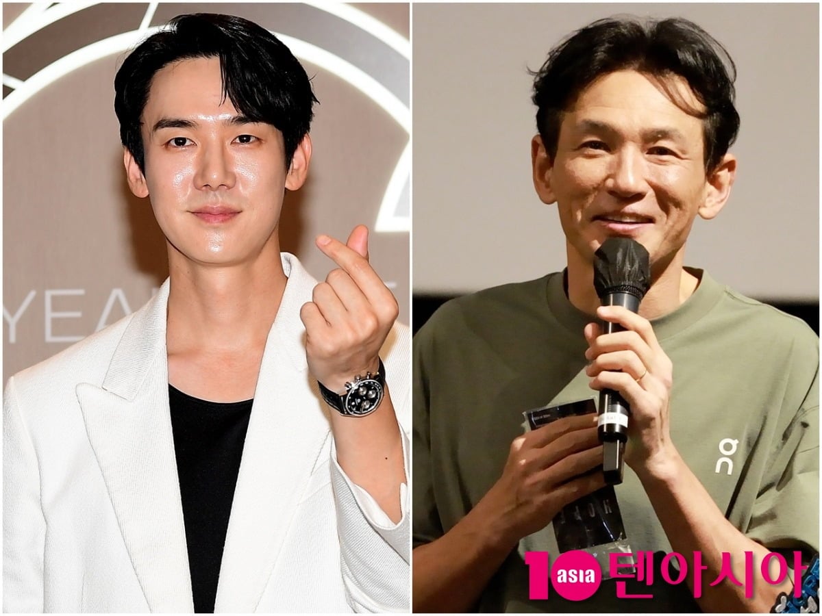 배우 유연석과 황정민이 각 공식 행상에 참석해 포즈를 취하고 있다./사진=텐아시아DB