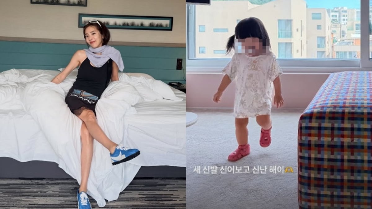 가수 겸 배우 손담비와 그의 딸이 실내에서 신발을 신고 있다. / 사진=손담비 SNS
