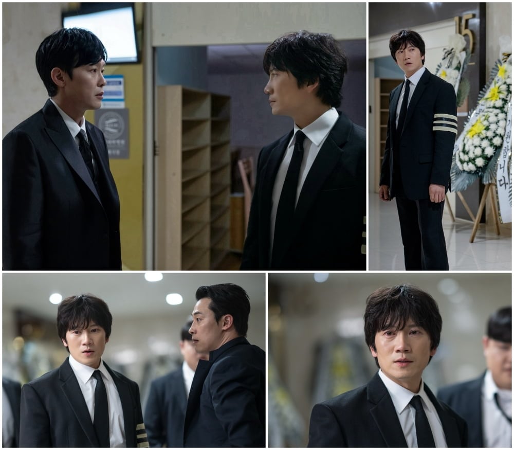 JTBC 토일드라마 '아파트' 지성과 박병은이 장례식장 복도에서 대립한다. / 사진 제공= JTBC ‘아파트’