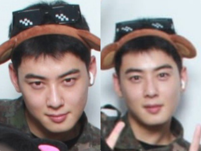 그룹 아스트로 멤버 겸 배우 차은우가 군 복무 중 동기들과 유쾌한 시간을 보내는 근황이 공개됐다. / 사진=SNS