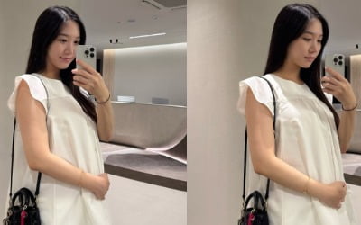'에이핑크 탈퇴' 홍유경, 임신 27주차 D라인 '빼꼼'…"배에 자동으로 손 올라가"
