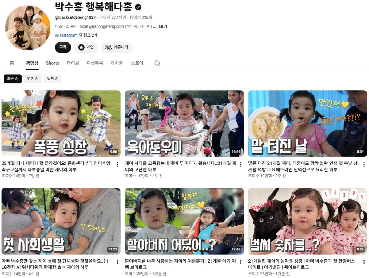 '박수홍 행복해다홍'에 업로드된 영상들. 8월 24일 영상이 마지막이다. / 사진=유튜브 캡처