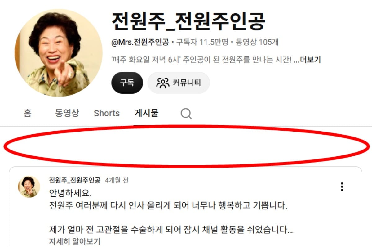 배우 전원주의 유튜브 채널 제작진의 3주 전 공지글이 삭제됐다. / 사진=전원주 유튜브 채널