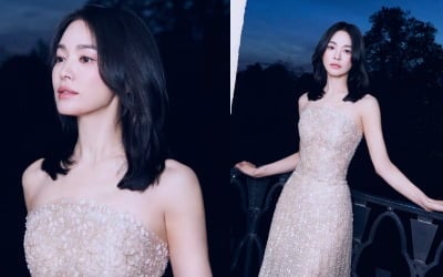 '45세' 송혜교, 액세서리 하나 없어도 화려해…누드톤 드레스 입고 우아한 자태