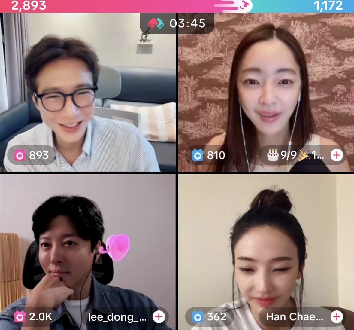 최근 고지용, 이동건, 한채영, 서효림이 틱톡에서 합동 라이브 방송을 진행했다. / 사진=틱톡 캡처