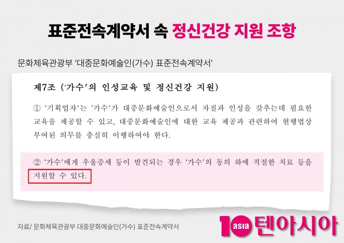 대중문화예술인 표준전속계약서에 명시된 정신건강 지원 조항. / 사진=문화체육관광부