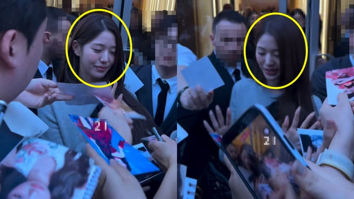 그룹 아이브 멤버 장원영이 몰려든 사인 요청에 두 눈을 질끈 감은 후 이내 두 손을 들며 더 이상의 사인은 어렵다는 의사를 전하고 있는 모습. / 사진=SNS 갈무리