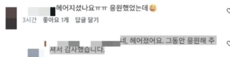 '나는 솔로' 28기 정희가 광수와의 결별을 인정한 댓글을 삭제했다./사진=SNS 갈무리