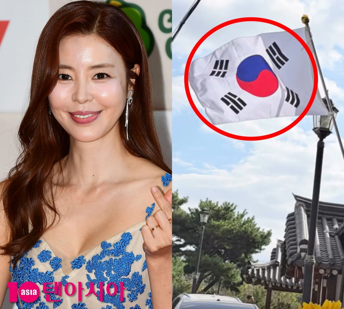 김규리가 가족과 함께 운영하는 것으로 알려진 카페 앞에 태극기가 거꾸로 게양돼 있다. / 사진=텐아시아DB, SNS 갈무리