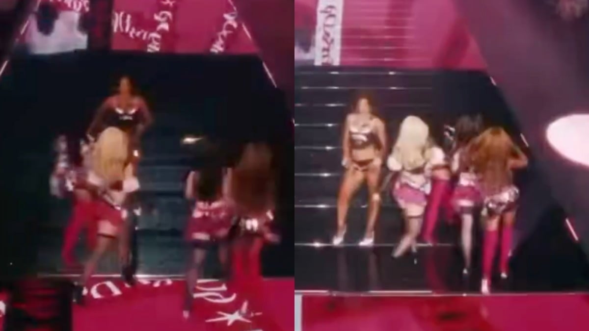 빅토리아 시크릿 패션쇼에서 그룹 캣츠아이의 공연 동선과 모델의 워킹 동선이 겹치는 모습. / 사진=빅토리아 시크릿 공식 유튜브 라이브 갈무리